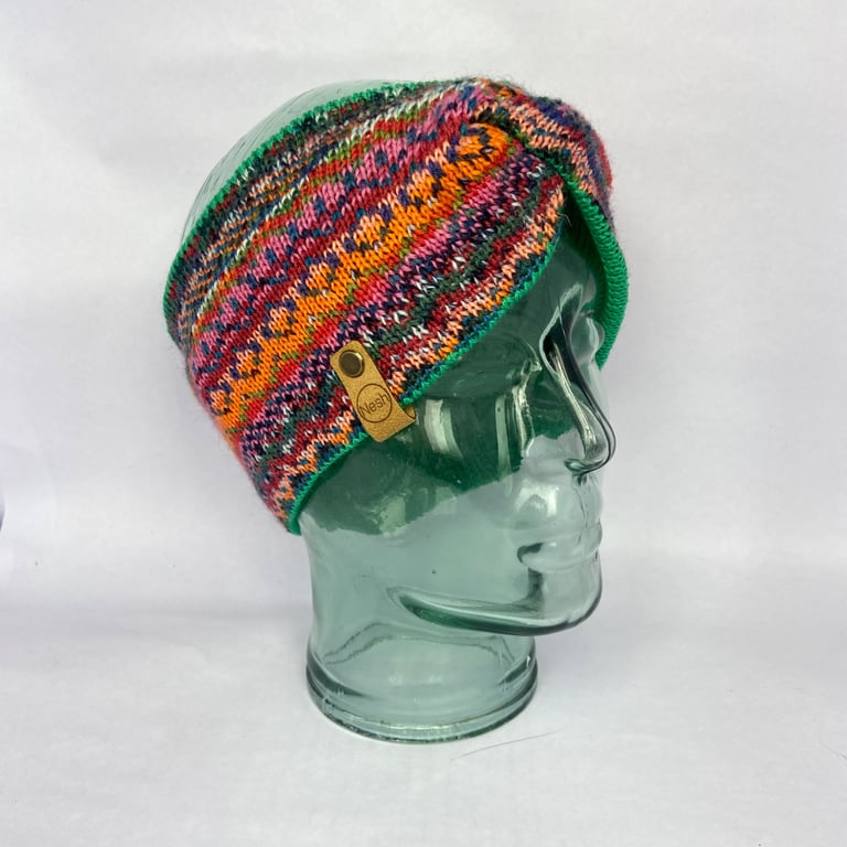 Emerald green and orange knitted fairisle headband