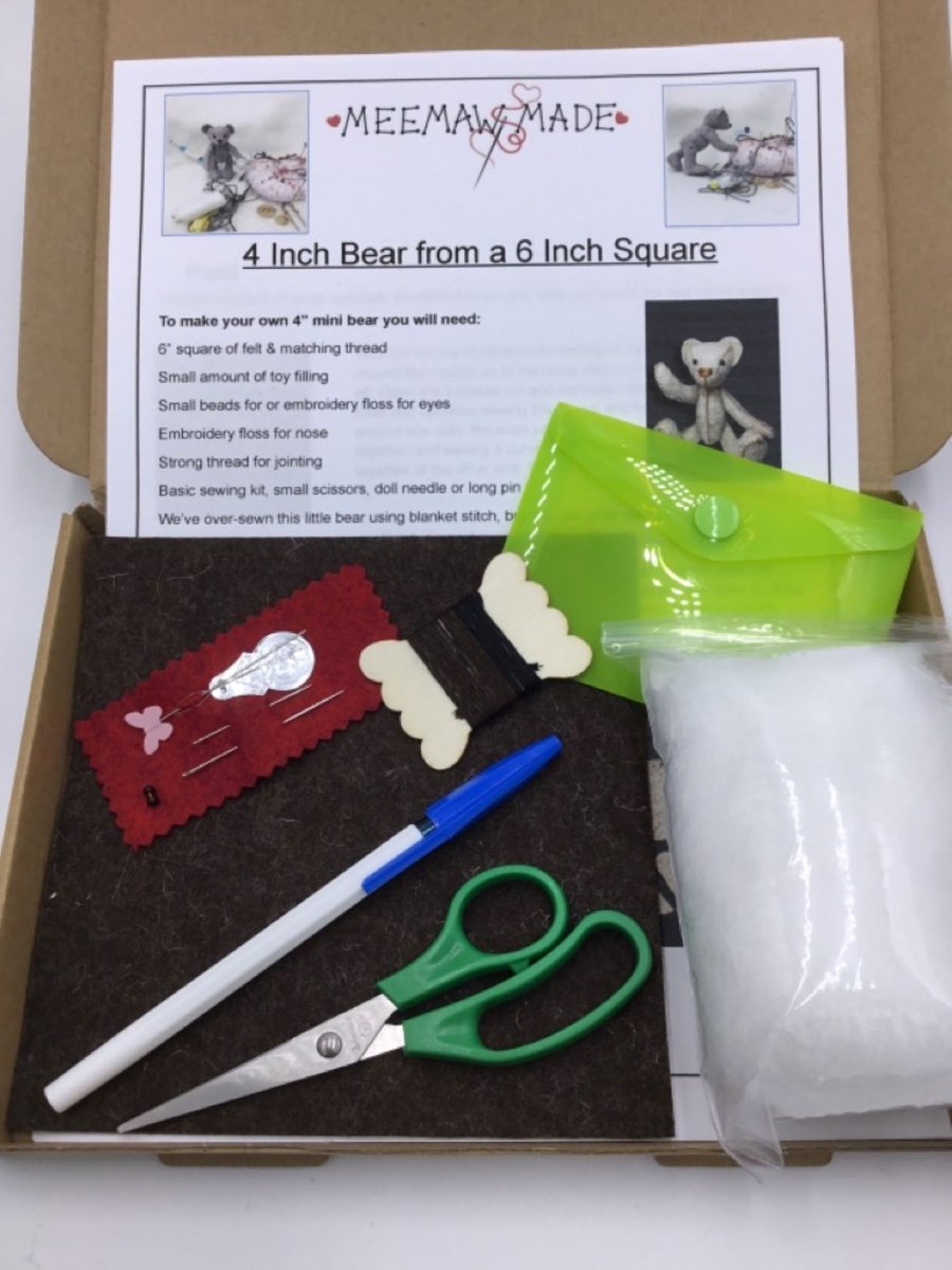 Sewing Kit - 4" Mini Jointed Felt Teddy Bear Complete Kit - Grisly Bear Brown