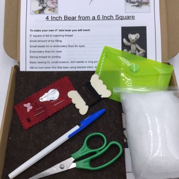 Sewing Kit - 4" Mini Jointed Felt Teddy Bear Complete Kit - Grisly Bear Brown