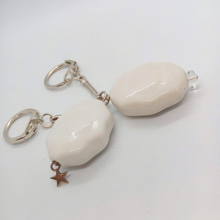 White Ceramic Keyring with Star Charm or Clear Bead, Teacher's Gift