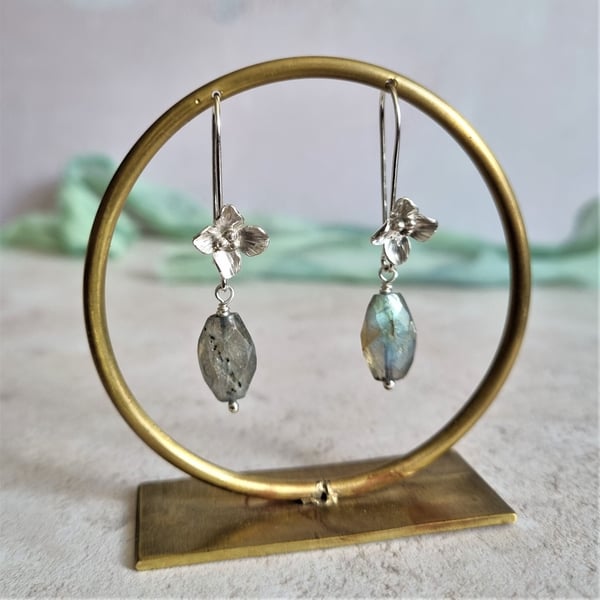 Hydrangea And Labradorite Earrings - Floral Silver Drop Earrings 