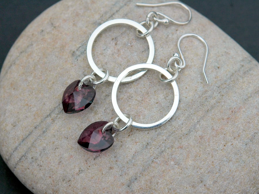 Sterling Silver Drop Earrings with Hoops and Amethyst Crystal Hearts, E99