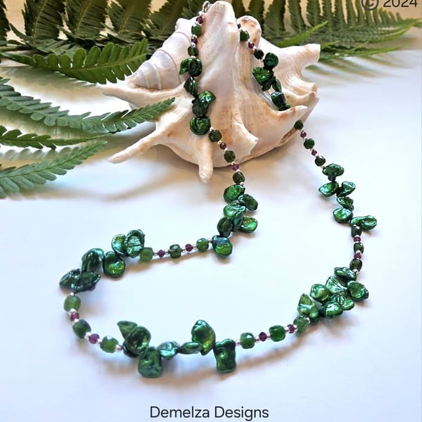Keshi Pearl, Russian Diopside, Rare Rhodalite Garnet Sterling Silver Necklace 