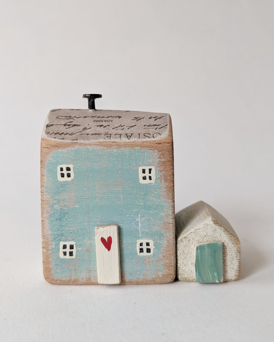 Little Handmade Painted Wooden House with Teeny Side Shed