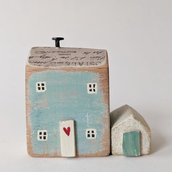 Little Handmade Painted Wooden House with Teeny Side Shed