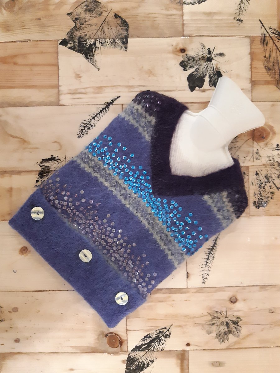 Upcycled wool jumper hot water bottle cover - purple