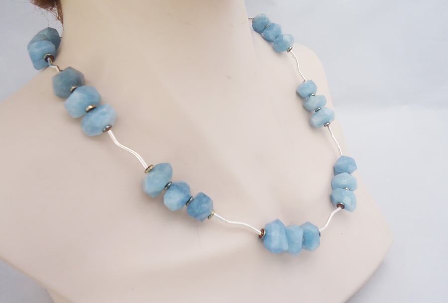 Aquamarine Necklace, Aquamarine Nuggets Necklace, Blue Aquamarine Necklace