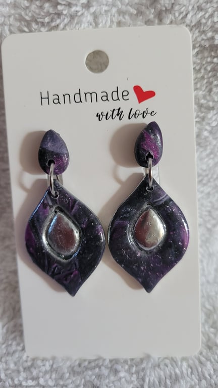 Handmade Polymer Clay Black, Purple and Silver Earrings. 316 Stainless Steel