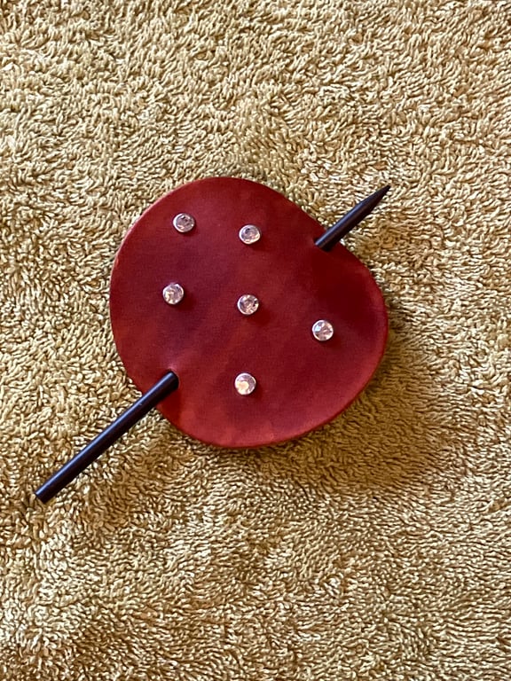 Dyed Brown Leather Hair Stick Barrette - Circle Shaped Leather - 6 gemstones