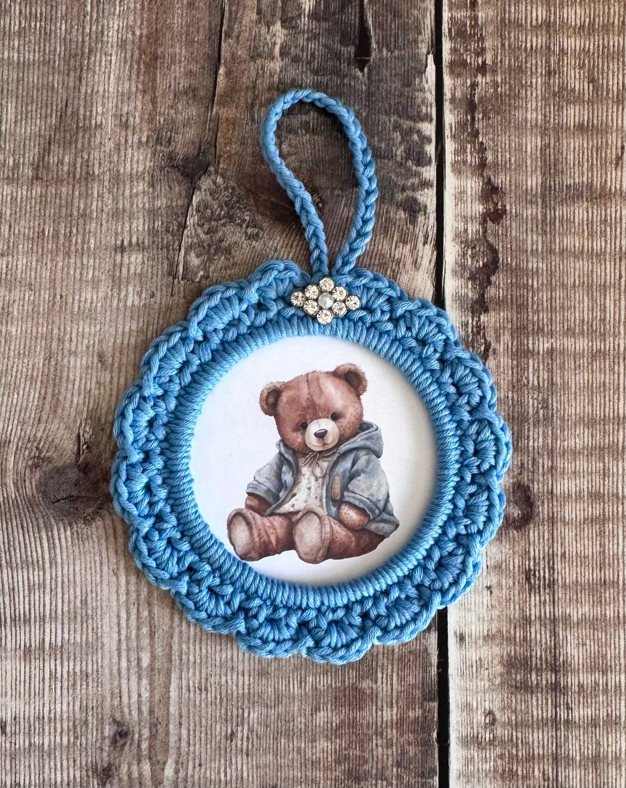 Hand crocheted 4” hanging frame teddy bear