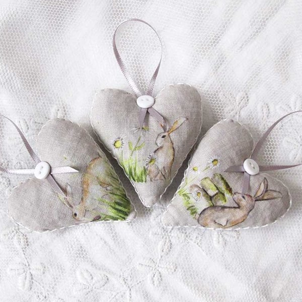 SET OF 3 LAVENDER BAGS - RABBITS AND FLOWERS  HEART SHAPED