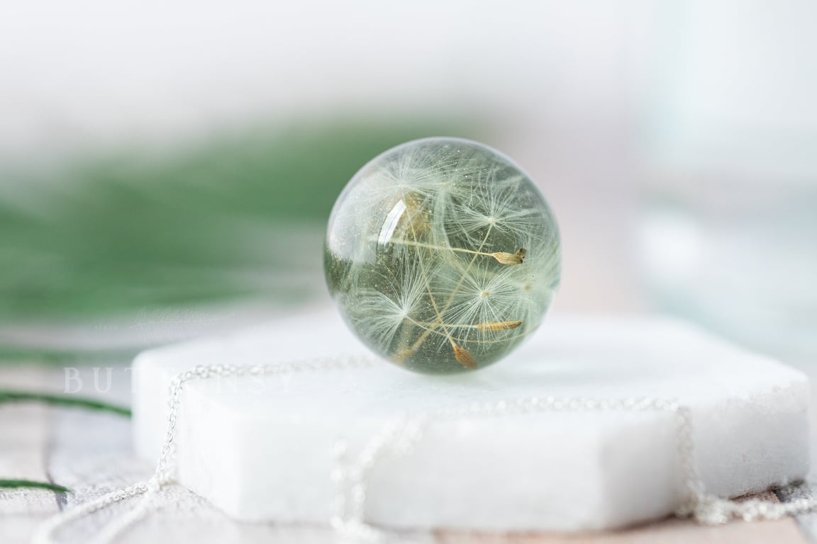 Dandelion Wish Necklace Sage Green Dandelion Orb Dandelion Seed Necklace Dandeli