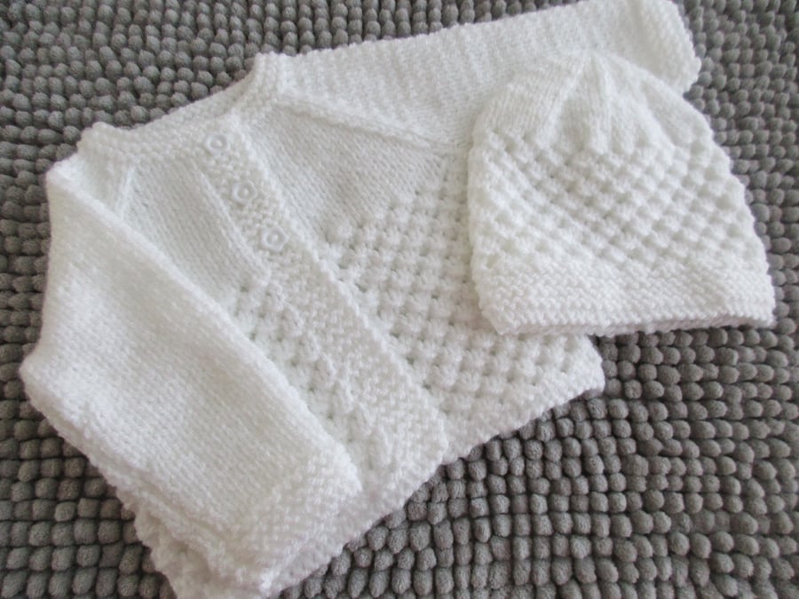 14" Newborn Three Button Baby Cardigan & Hat  