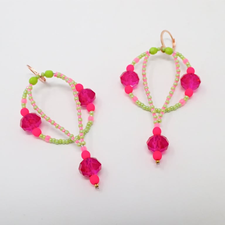 Statement Bright Neon Pink and green beaded dangle earrings.