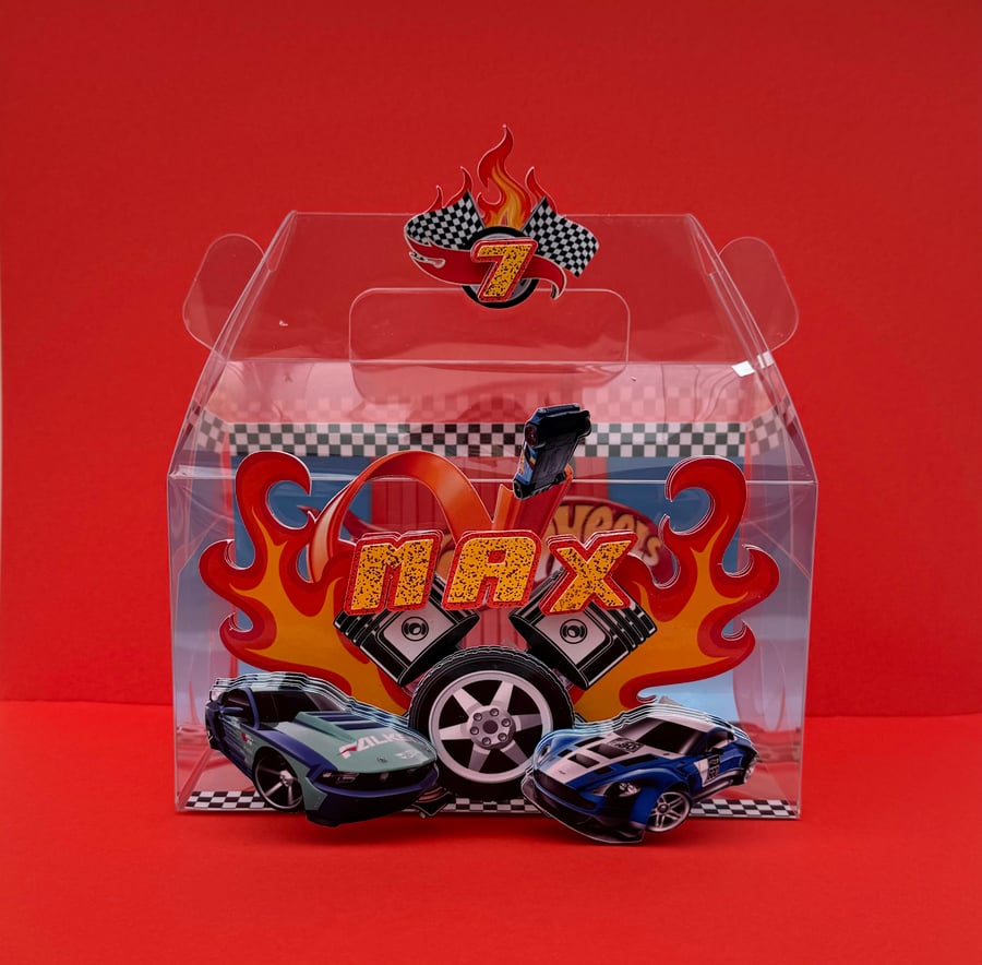 6 Personalised Racing Car party boxes, party bags