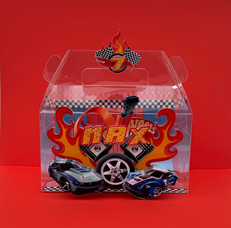 6 Personalised Racing Car party boxes, party bags