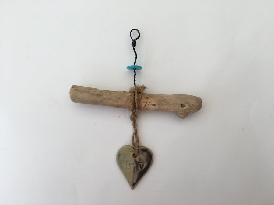 Ceramic Driftwood, Loveheart hanger, pottery, gift idea, birthday, home decor