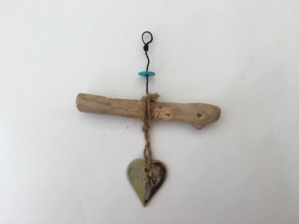 Ceramic Driftwood, Loveheart hanger, pottery, gift idea, birthday, home decor