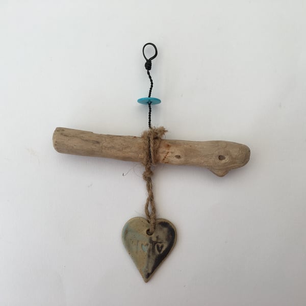 Ceramic Driftwood, Loveheart hanger, pottery, gift idea, birthday, home decor