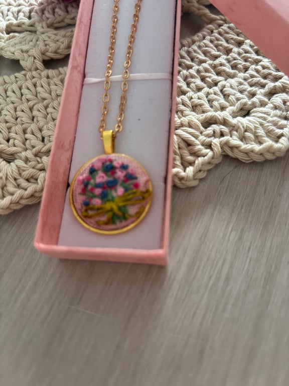 Embroidered Pendant Necklace -Bouquet -   Floral- 