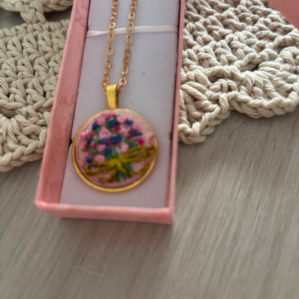 Embroidered Pendant Necklace -Bouquet -   Floral- 