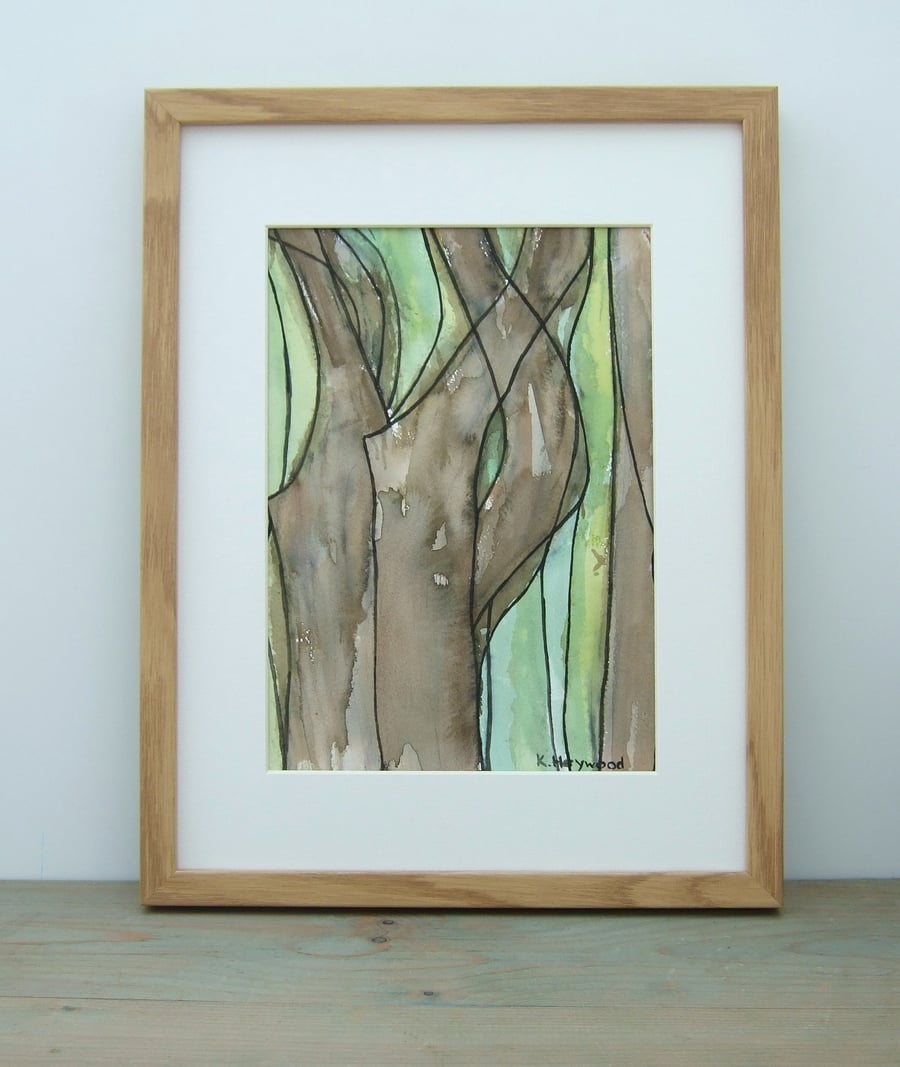 Original Watercolour Framed Painting, Tree Bark 2