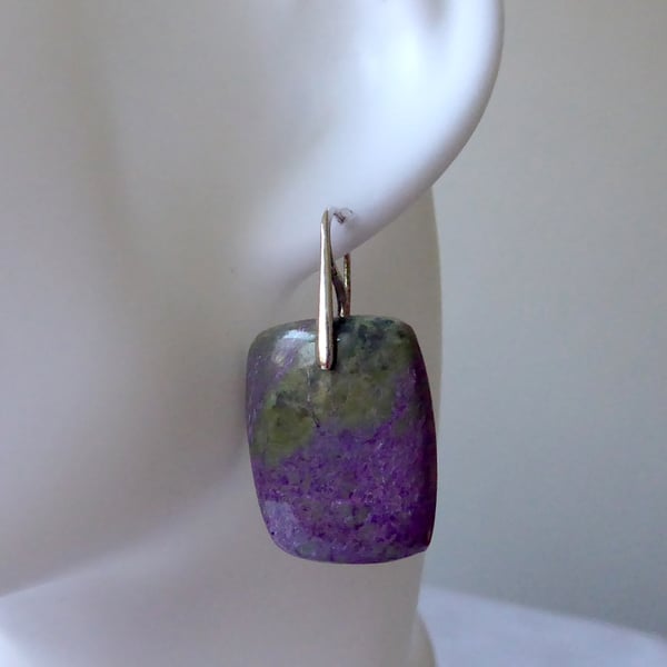 Pair of Sterling Silver & Stichtite Rectangular Gemstone Earrings