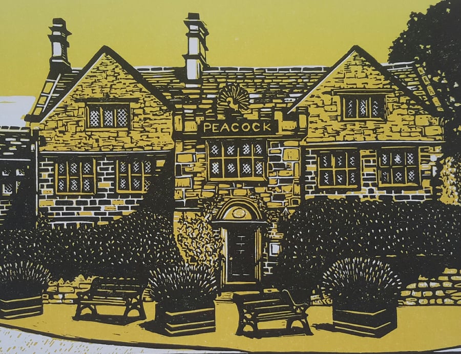 Peak District Linocut The Peacock Rowsley Derbyshire 