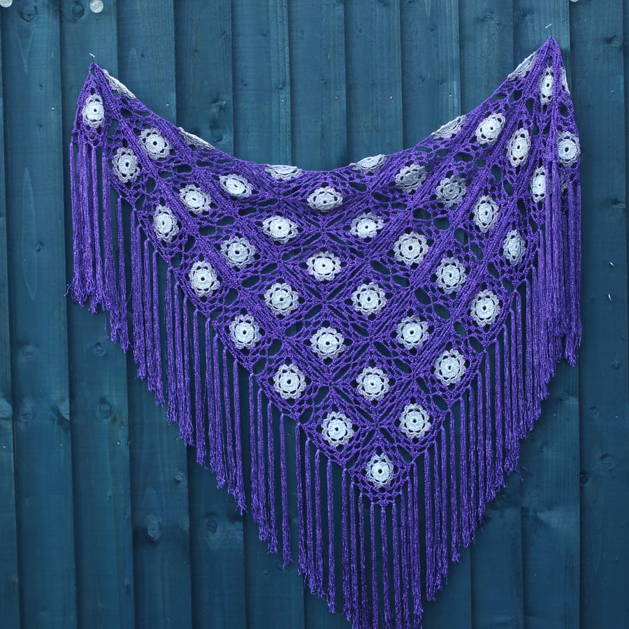 Crochet triangular shawl in sparkly silver, lilac mix & purple - design LF433