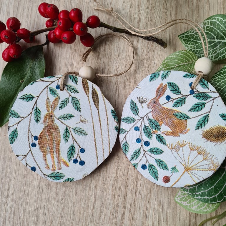 Christmas hare wood slice hanging decoration choice of design