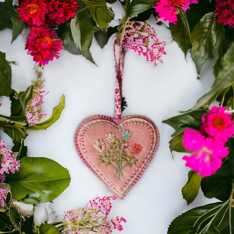 Pink Floral Felt Heart Hanging Decoration