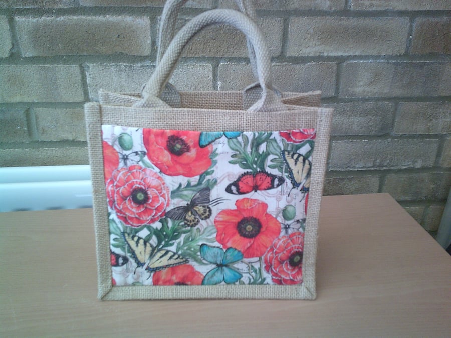 Butterflies and Poppies on Cream Small Jute Bag