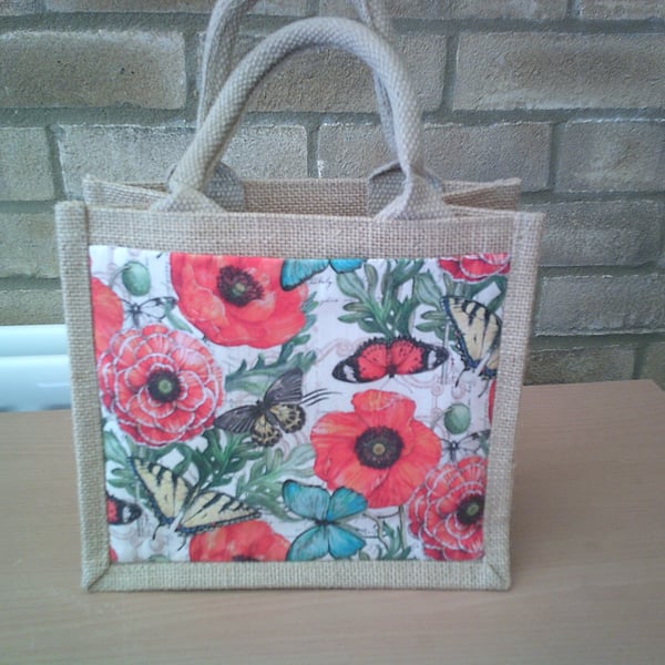 Butterflies and Poppies on Cream Small Jute Bag