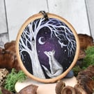 Fox in the moonlight. Handpainted hanging wood slice decoration gift.