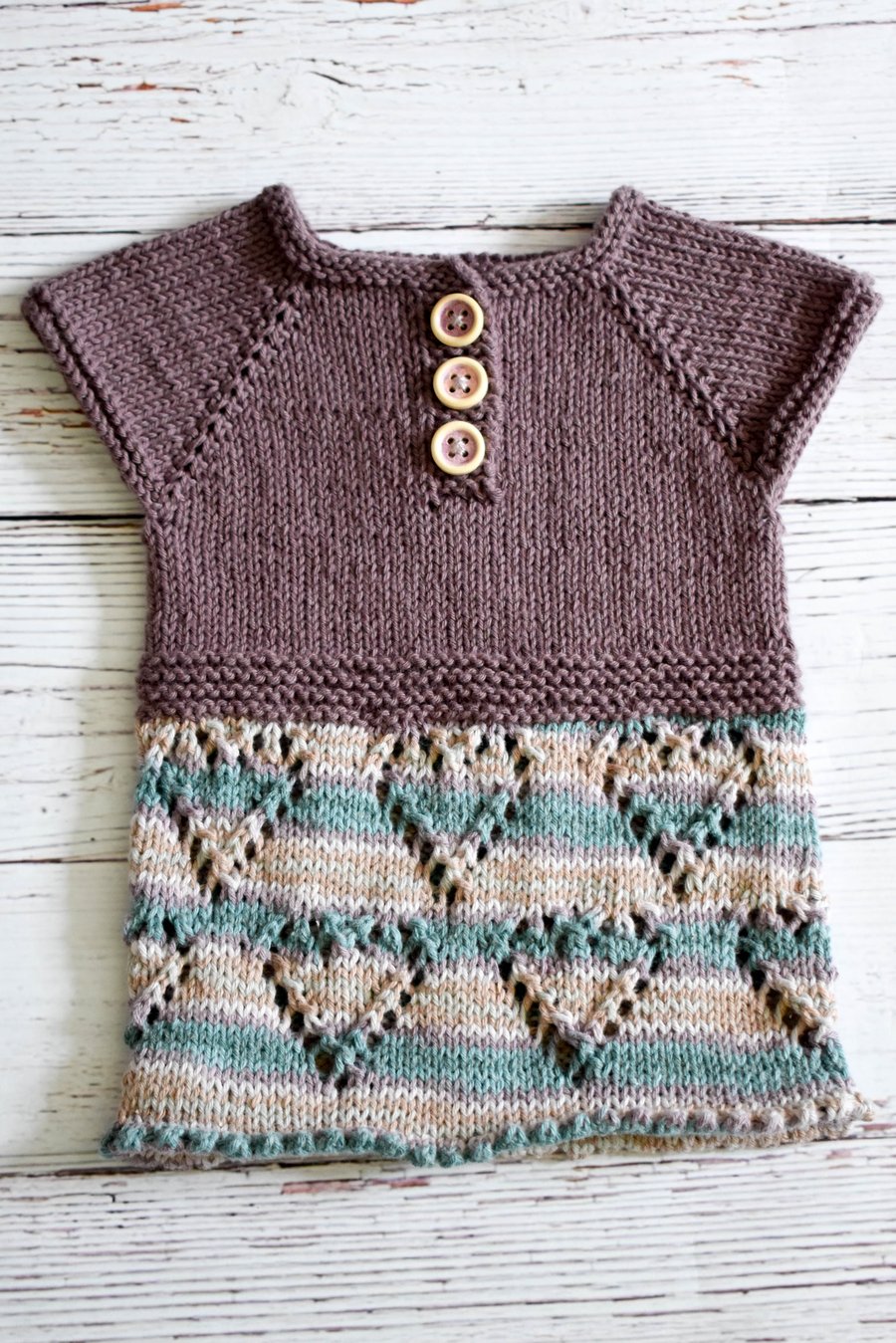 Hand Knitted heart pattern summer dress in Mauve and teal - Newborn