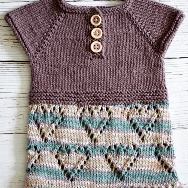 Hand Knitted heart pattern summer dress in Mauve and teal - Newborn