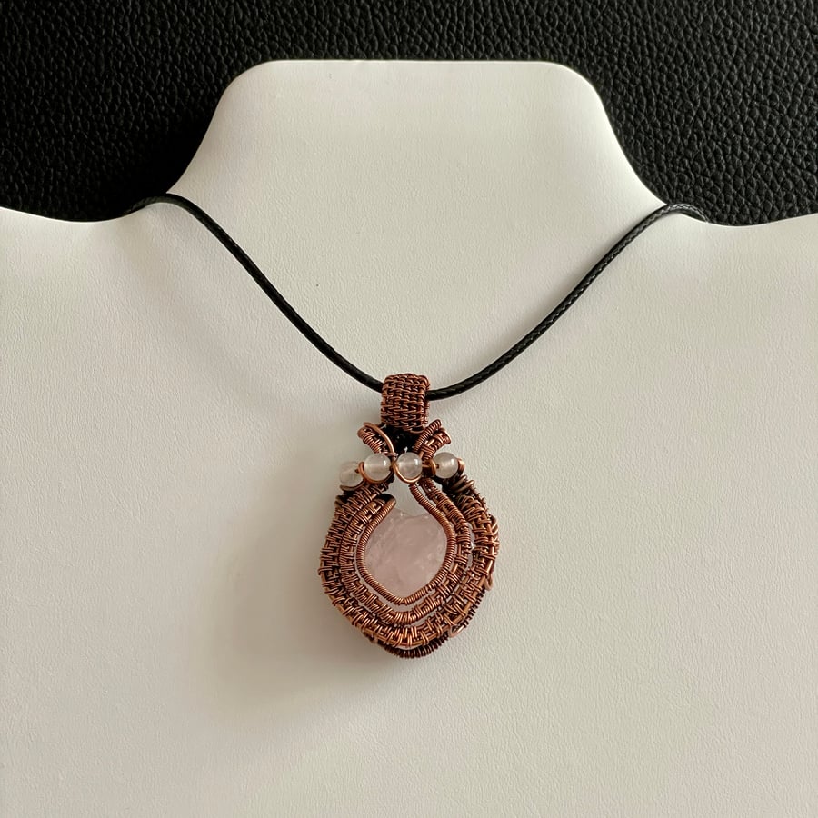 Antiqued Copper Rose Quartz Heart Wire Wrapped Pendant