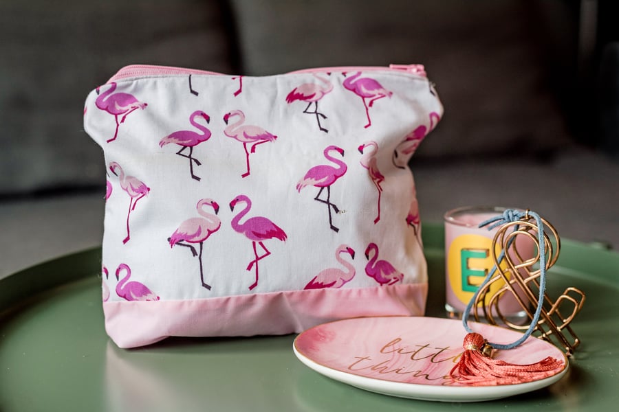 Handmade flamingo makeup bag, travel bag, accessories bag