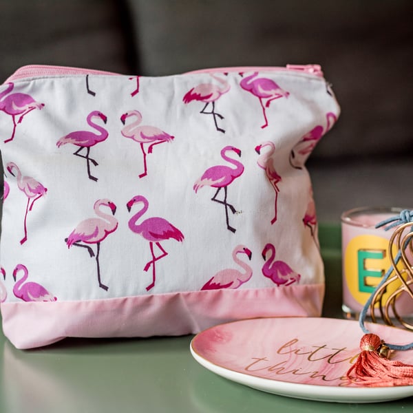 Handmade flamingo makeup bag, travel bag, accessories bag