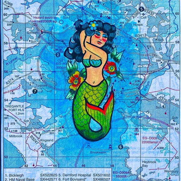 Mermaid on an old map of Plymouth