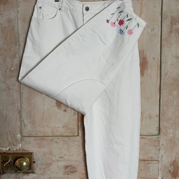 ‘Say hello to the daisies’ Embroidered Upcycled white Barrel leg Jeans