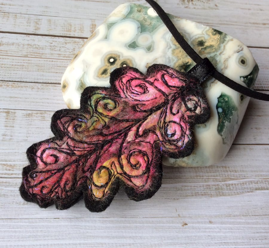 Embroidered oak leaf necklace.
