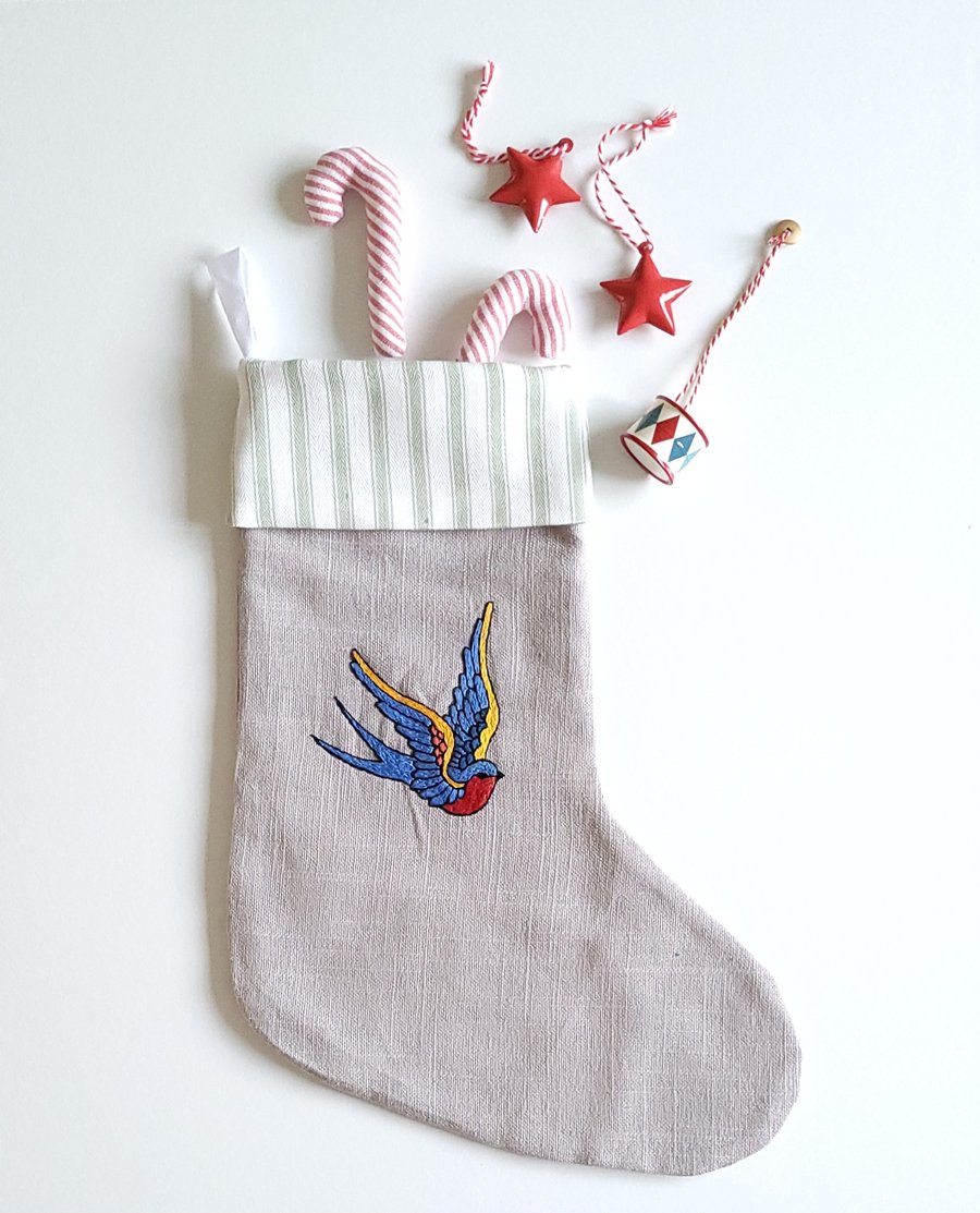 Hand embroidered Christmas Stocking. Made to order. 