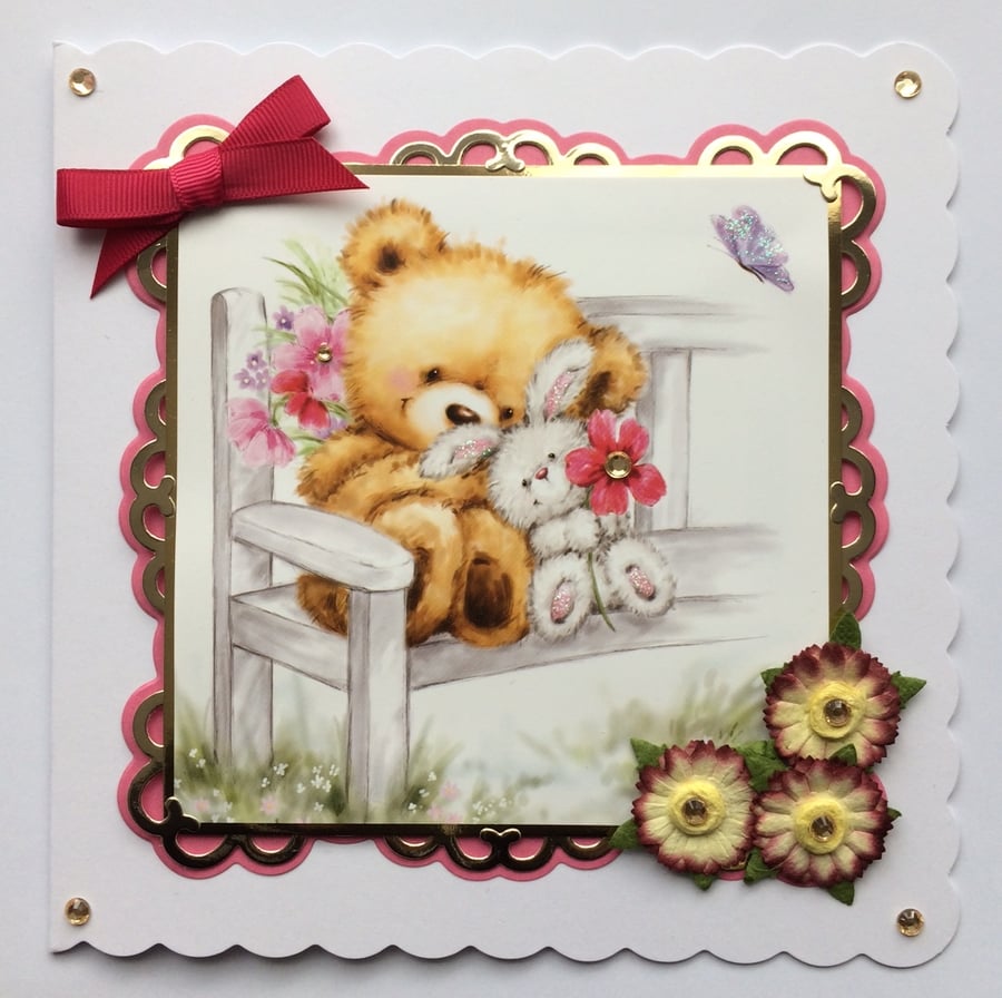 Teddy Bear and Rabbit Card on a Bench with Flowers 3D Luxury Handmade