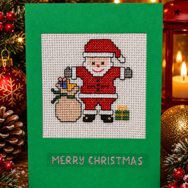 Handmade Cross Stitch Santa & Present Sack Christmas Card – 6 x 4 Inch