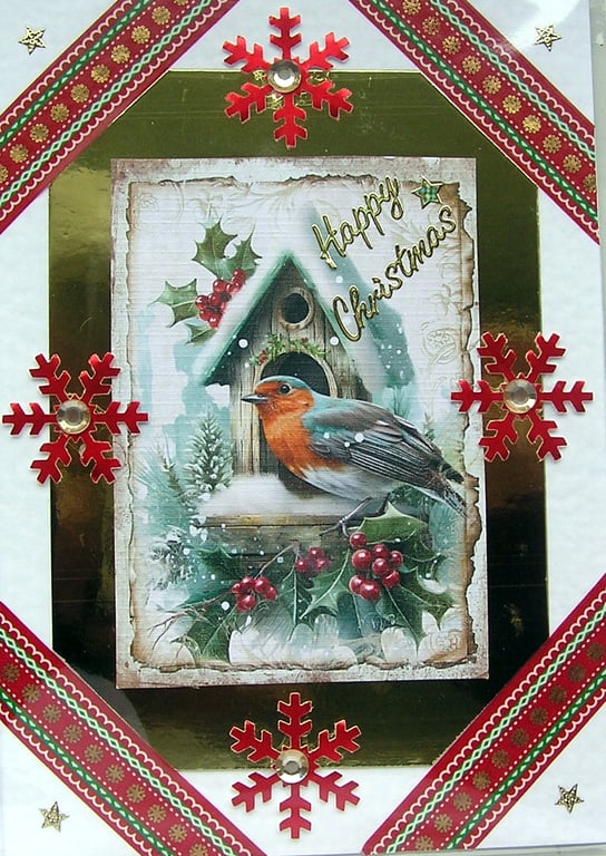 Hand Crafted Decoupage Chistmas Card - Happy Christmas (2737) Robin Garden Bird