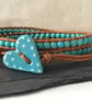 Turquoise semi precious double wrap leather bracelet with ceramic heart button  - Image 2