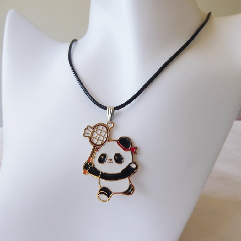 Whimsical Enamelled Panda Playing Badminton Pendant on Black Cord