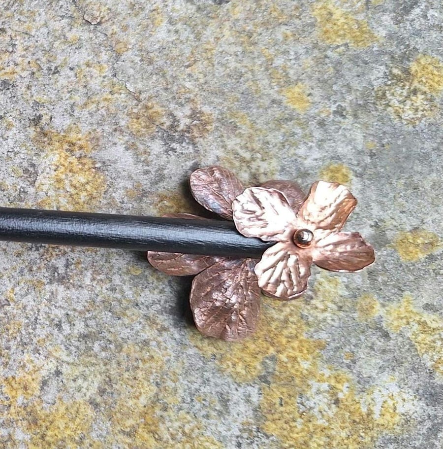 Artisan-Crafted Wooden Hairpin Embellished with Handmade Copper Floral Accents