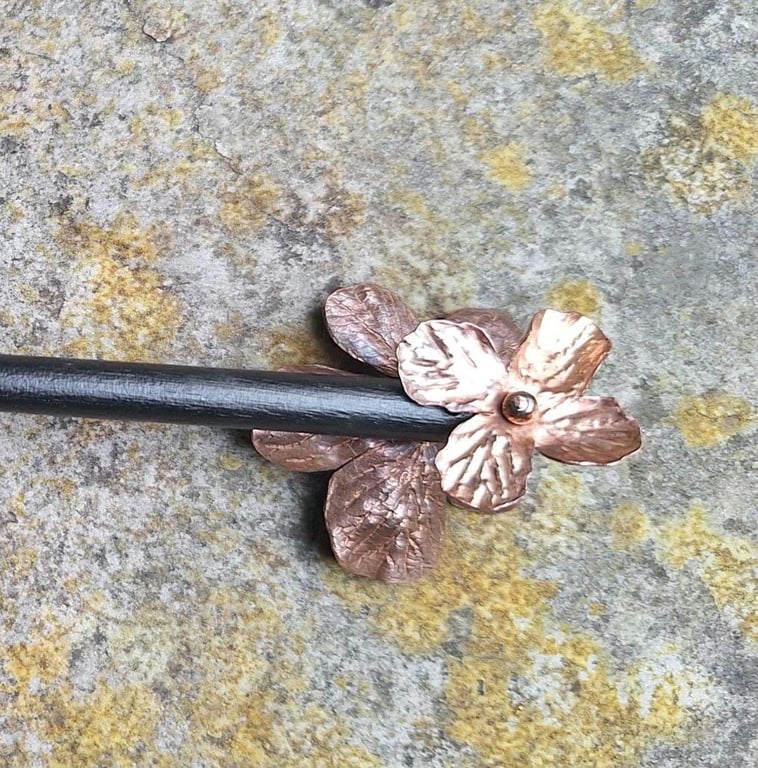 Artisan-Crafted Wooden Hairpin Embellished with Handmade Copper Floral Accents